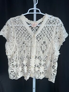 Good Luck Gem Cream Crochet Button-Front Crop Top